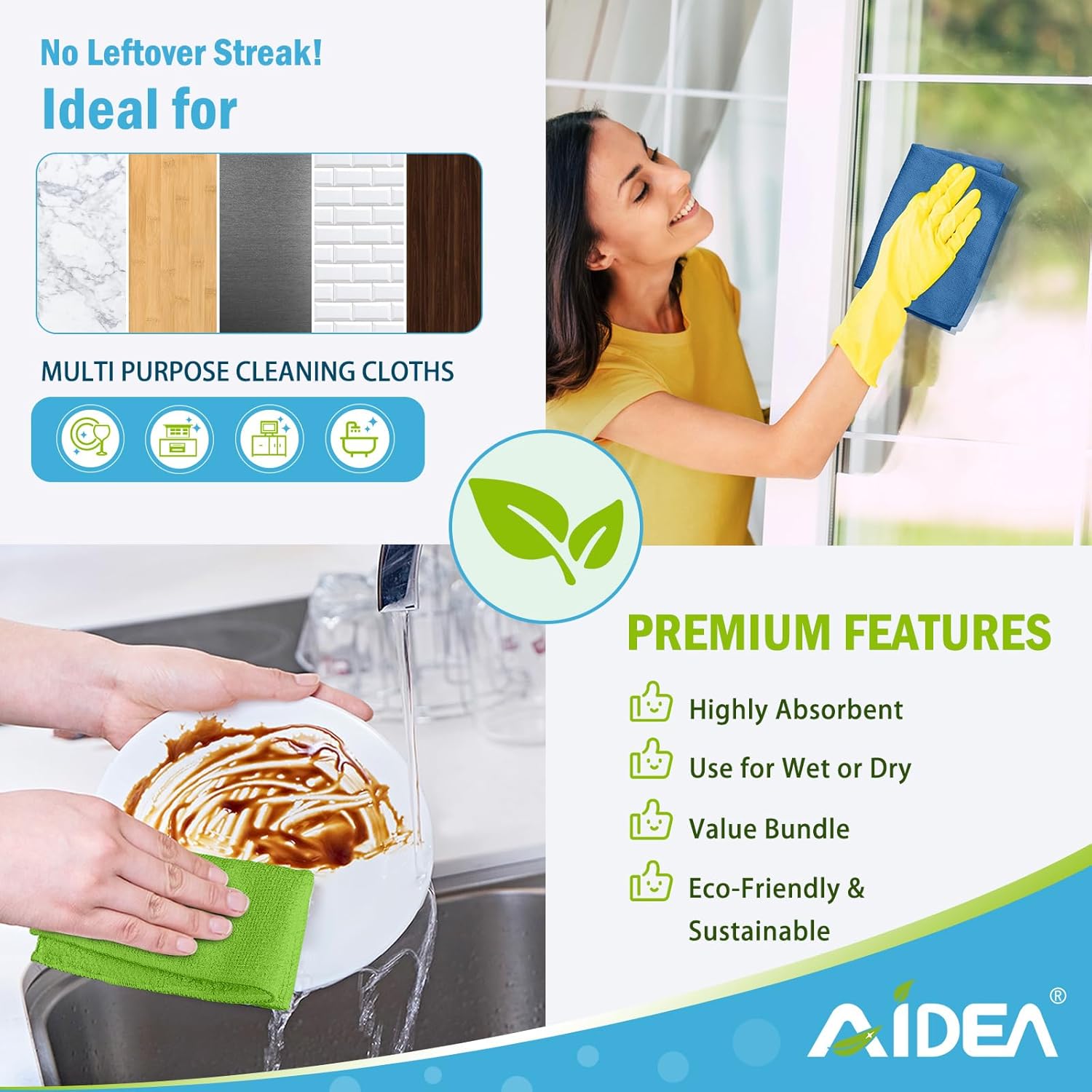 AIDEA Microfibre Cloth Pack of 8, Multifunctional Reusable Cleaning Cloths, Lint Free Streak Free Washable Cloth Duster for House, Kitchen, Car, Motorbike, Windows 30 x 30 cm