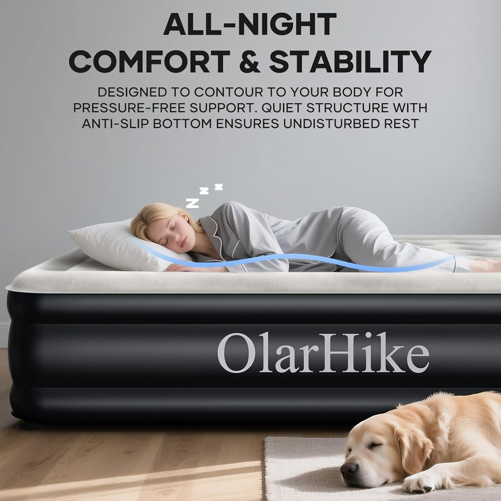 Inflatable Mattress, Air Bed with Built-in Electric Pump, King Size Blow Up Self Inflating Guest Airbed with Flocked Surface for Camping or Home Use, 202cm L x 151cm W x 46cm H(Black)