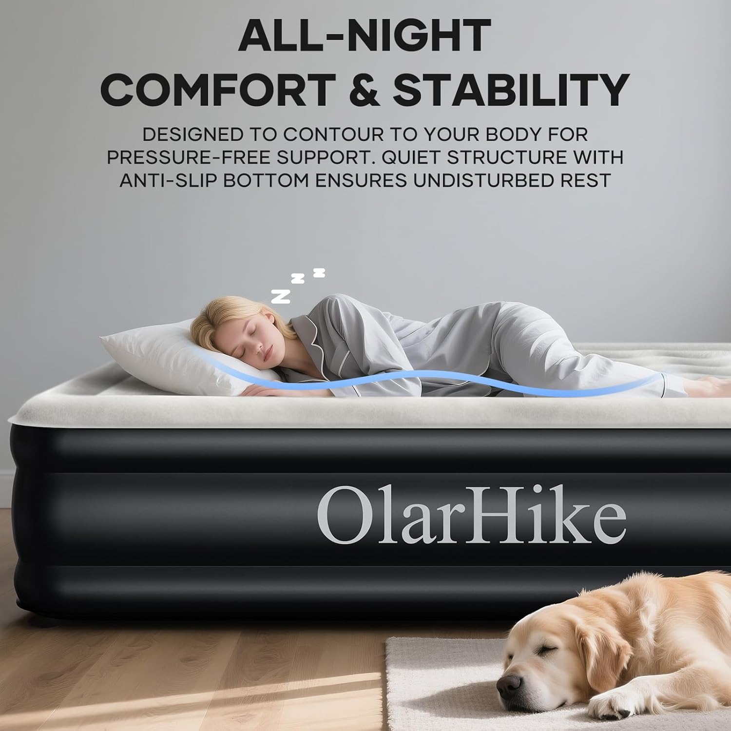 Inflatable Mattress, Air Bed with Built-in Electric Pump, King Size Blow Up Self Inflating Guest Airbed with Flocked Surface for Camping or Home Use, 202cm L x 151cm W x 46cm H(Black)
