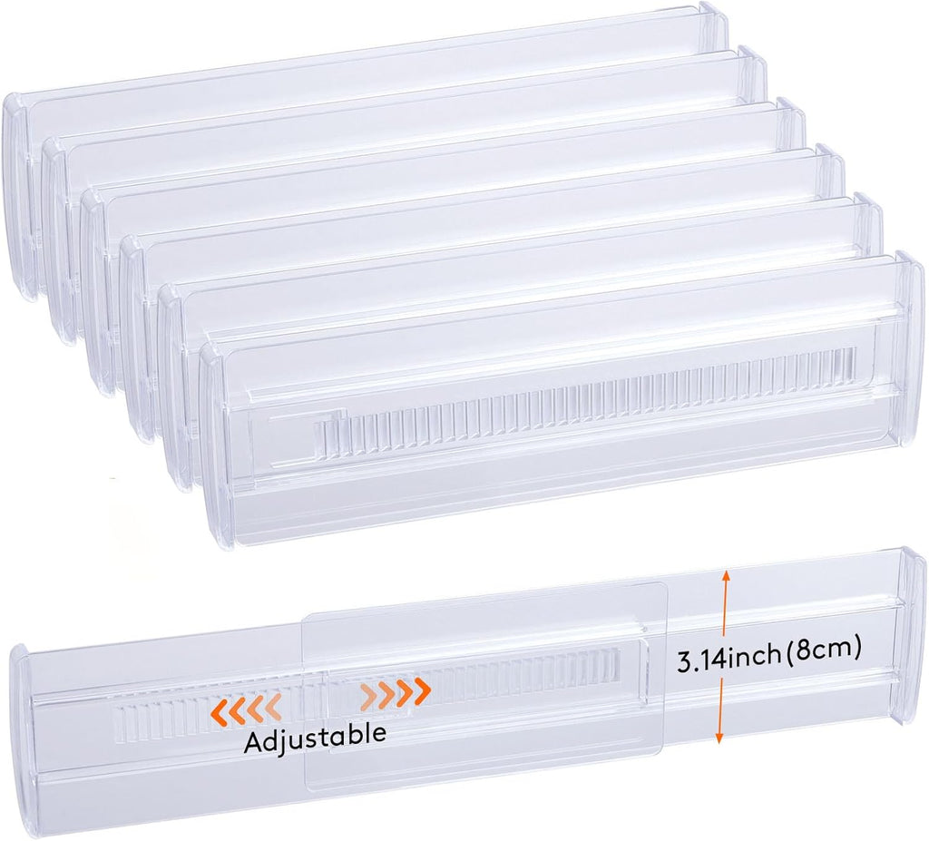 6 Pack Drawer Dividers, 3.2" High Expandable from 11.2-20" Adjustable Drawer Organisers,Clear Plastic Drawers Separators for Clothing, Kitchen Utensils and Office Storage