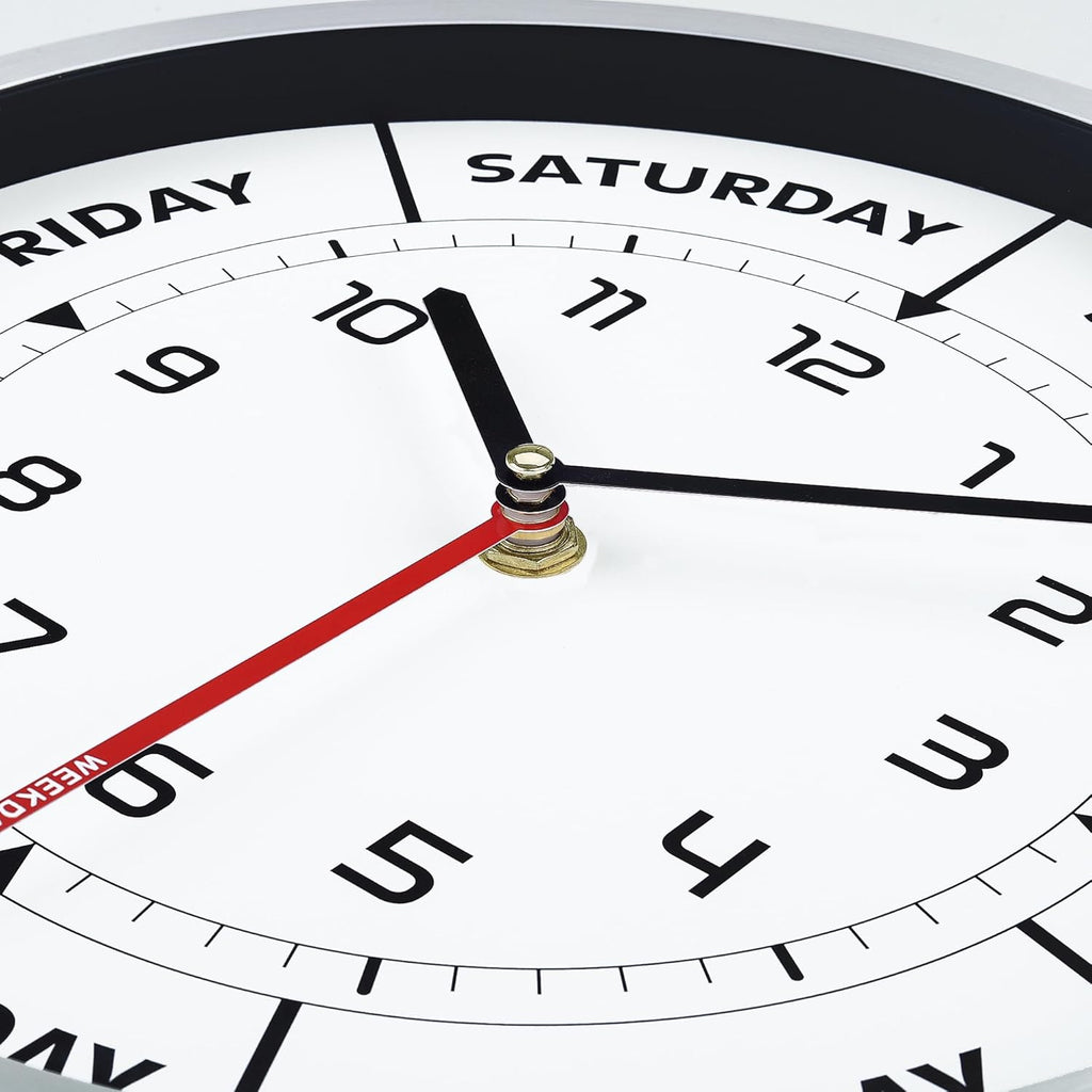 Version 3.0 Metal Day of The Week Wall Clock for Seniors 12 Inch, Silent Non Ticking Modern Silver Wall Clocks for Living Room Decor Bedroom Home, Ideal Retirement Gift for Men & Women