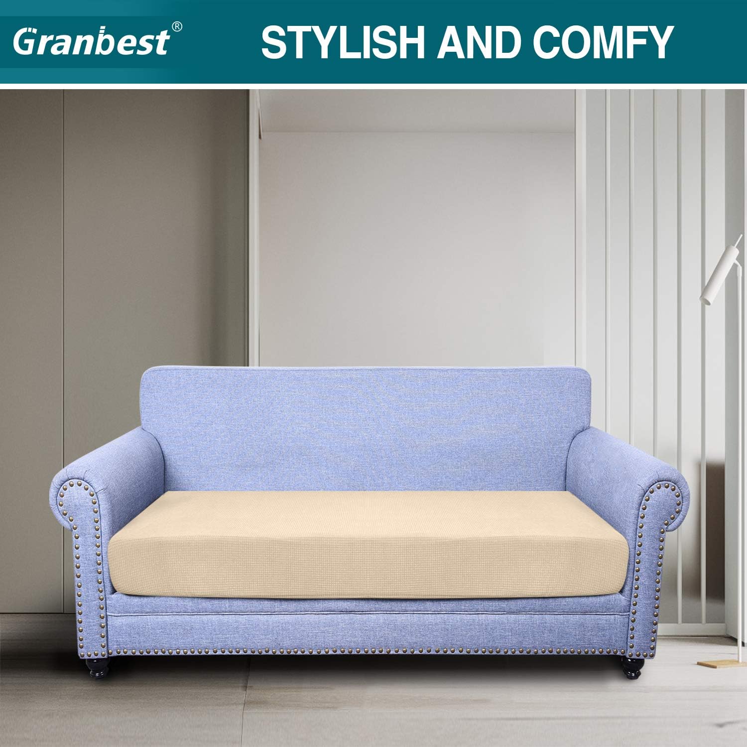 Premium Water-Repellent Sofa Seat Cushion Covers High Stretch Jacquard Fabric Couch Seat Slipcover Protector for 2 seater sofa (2 seater, Beige) Secondary image