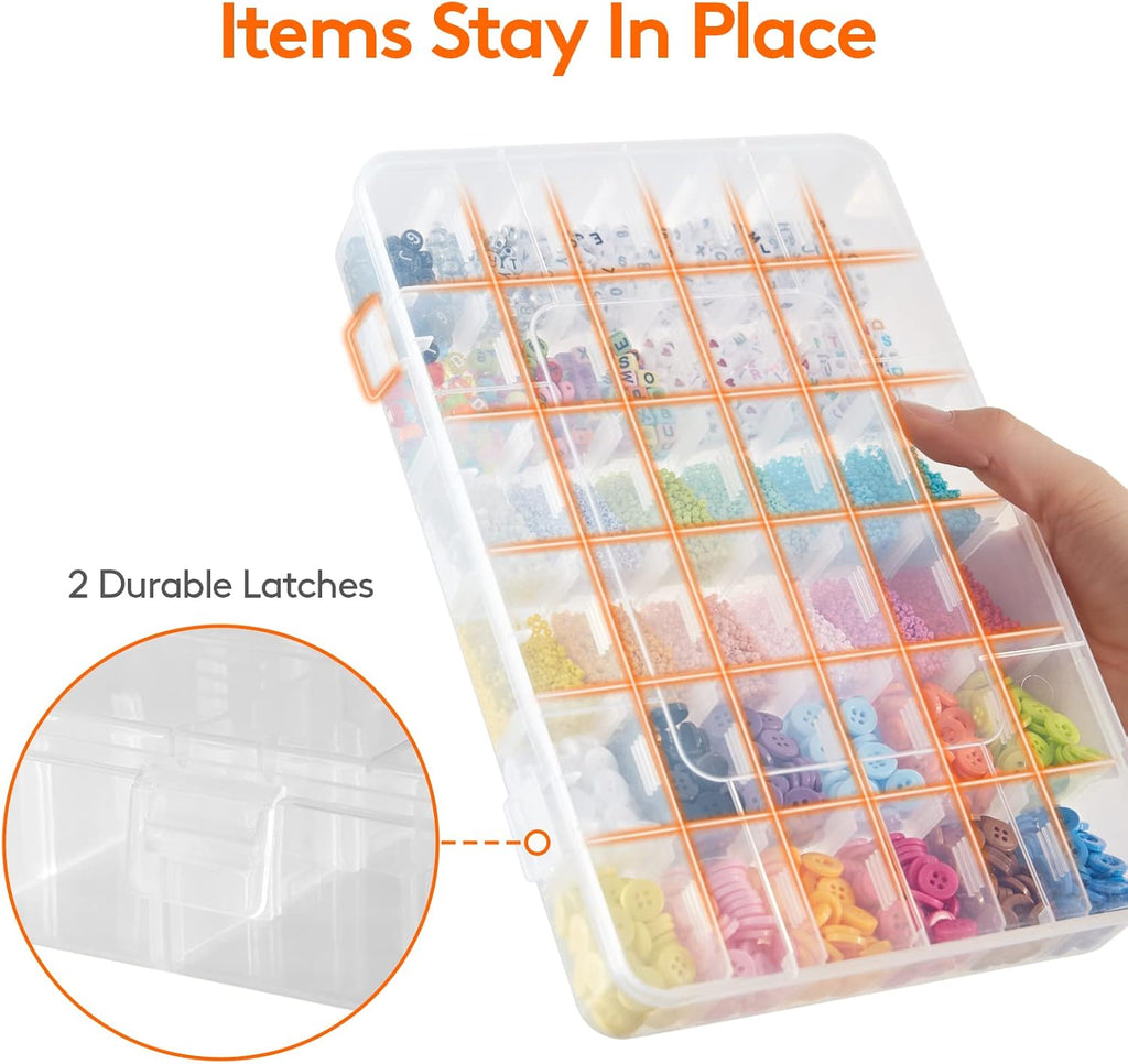 2 Pack 36 Grids Organiser Storage Box, Fishing Tackle Box, Clear Stackable Plastic Container with Adjustable Dividers for Beads, Art DIY, Crafts, Jewelry, with 5 Sheet Label Stickers