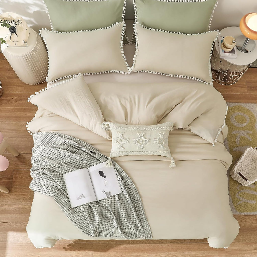 Beige and White Duvet Cover King Size Pom Pom Tassels Bedding Cover Soft Microfiber Bedding Set with Zipper Closure (220x230cm)