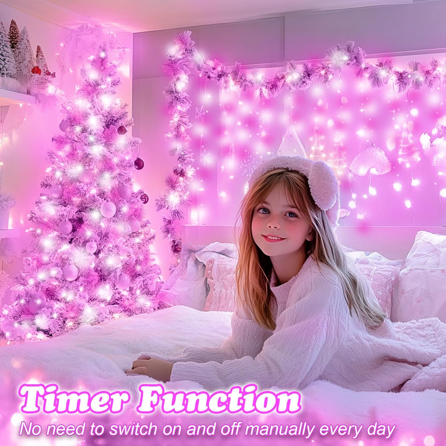 Pink Christmas Lights 200 LED Pink Fairy Lights for Bedroom 66Ft/20M with Timer IP44 Waterproof String Lights Mains Powered for Christmas Decorations, Bedroom Decor, Pink&White