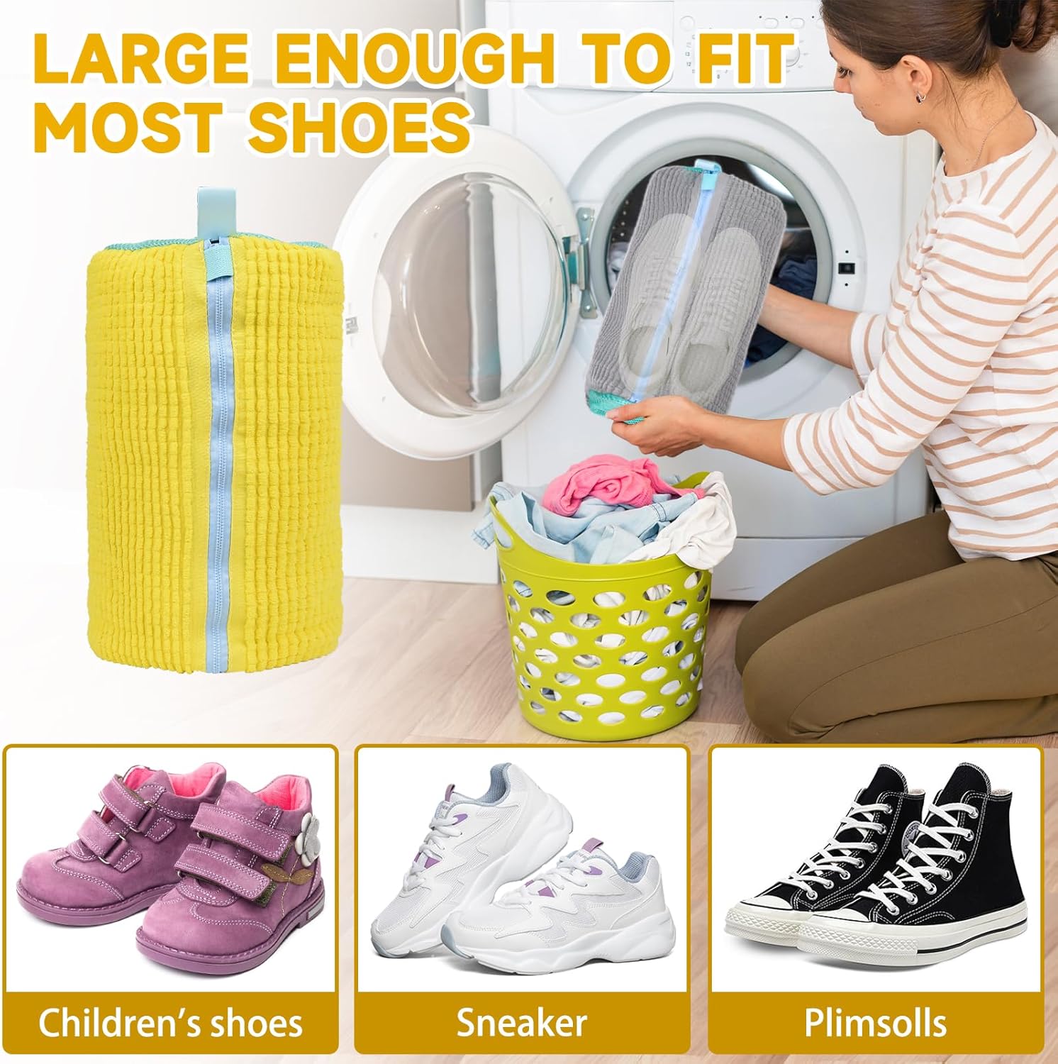 Shoe Washing Machine Bag, 1Pcs Yellow Reusable Laundry Shoe Bag Shoe Cleaning Bag, Shoe Wash Durable Bag For Washing Machine With Premium Zipper, Laundry Shoes Bag for Delicates Trainers Socks Bras.