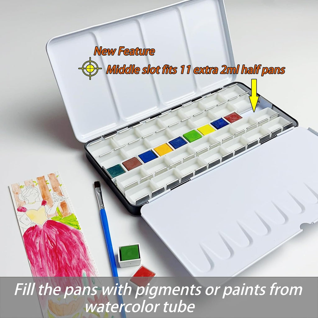 FCLUB Empty Watercolor Tins Palette Paint Case - Large Watercolor Palette Box Metal Tin with 28 Full Pans