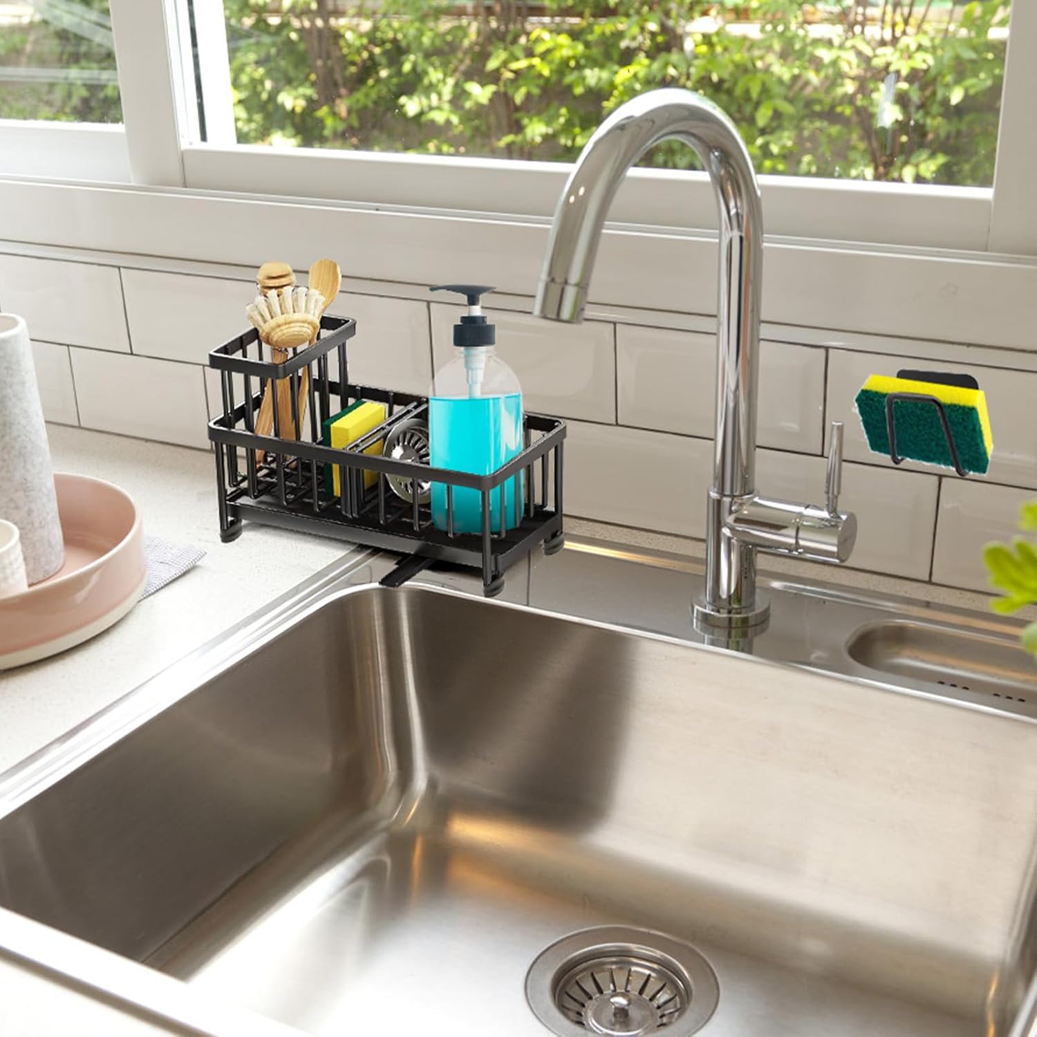 Sink Organizer for Kitchen, Kitchen Sink Organiser with Automatic Drain Tray with Two Sponge Holders, Sponge Holder