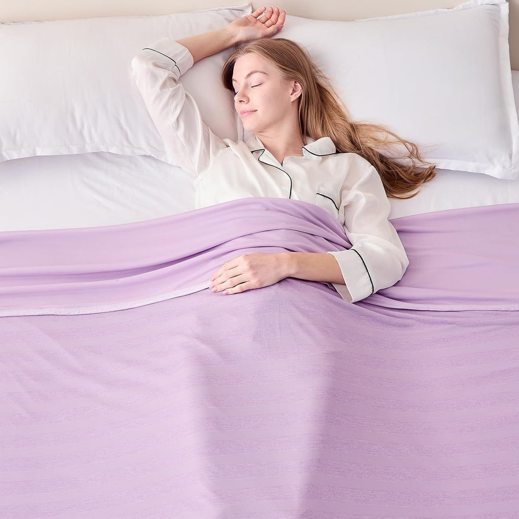 Cooling Throw Blanket for Summer, Q-Max >0.4 Night Sweats Throw Blanket Thin, Keep Cooling Breathable Summer Blanket, Single Bed, Sofa,127x177cm, Striped Lavender