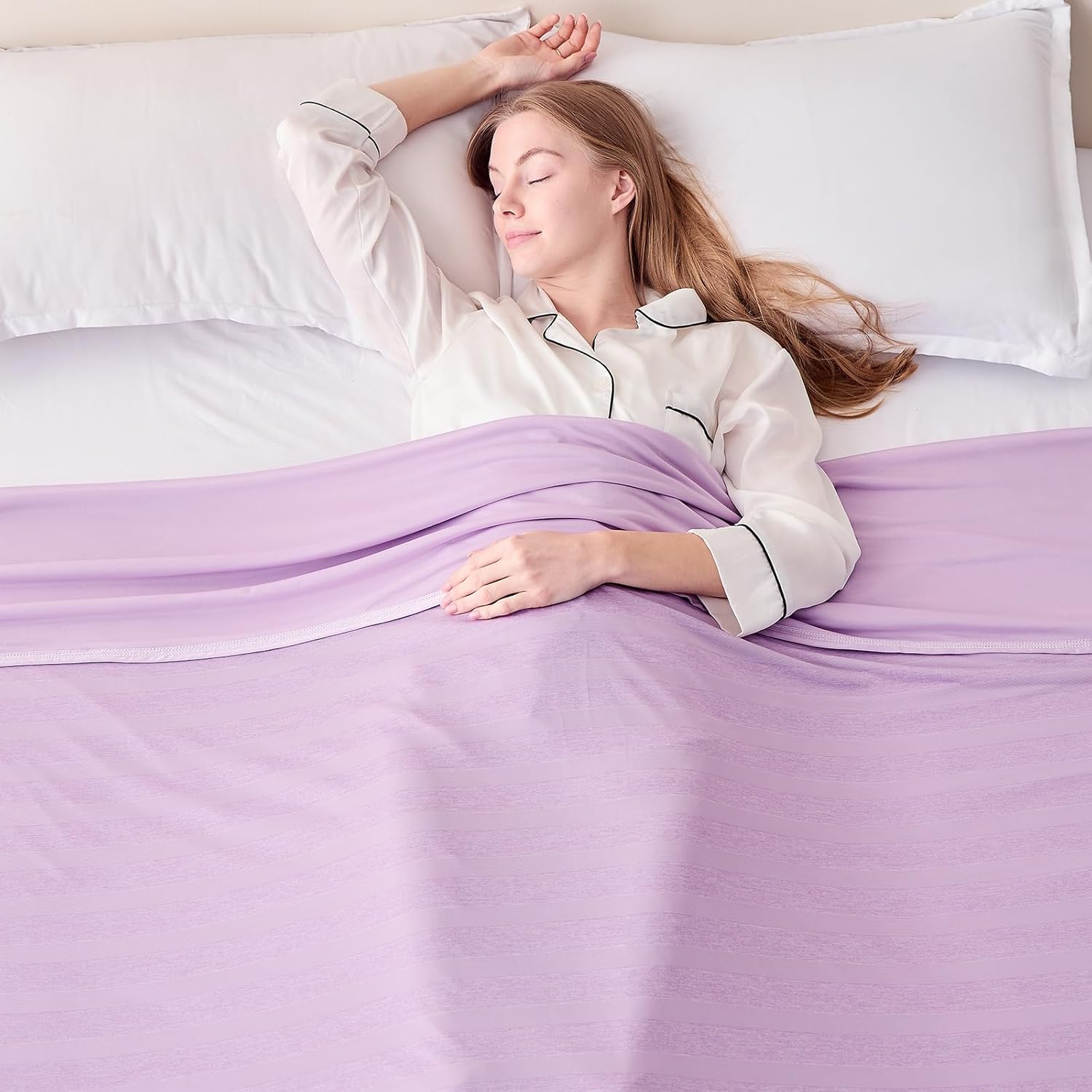 Cooling Throw Blanket for Summer, Q-Max >0.4 Night Sweats Throw Blanket Thin, Keep Cooling Breathable Summer Blanket, Single Bed, Sofa,127x177cm, Striped Lavender