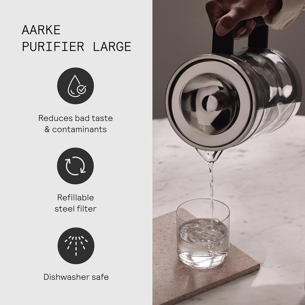 Purifier Large, Water Filter Jug in Glass and Stainless Steel, 1.7L / 7 Cups, Includes Aarke Pure Filter Refill Bag
