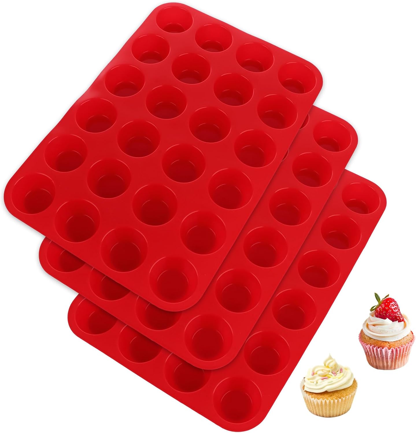 3 PCS Mini Muffin Tray 24 Cups, Silicone Muffins Pan Non-Stick Mini Cupcake Tray Reusable Muffin Baking Tray - 34 x 23 x 2.5cm - Red