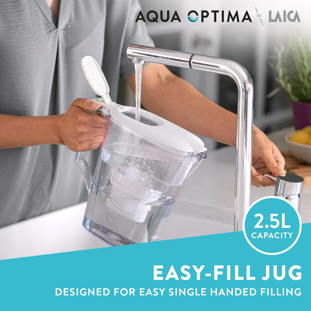 Aqua Optima Liscia Water Filter Jug & 3 Evolve+ Filter Cartridges 2.5L White - Fridge & Dishwasher Friendly, Easy Fill - Reduces Limescale, Chlorine & Other Impurities - By LAICA (Packaging May Vary)