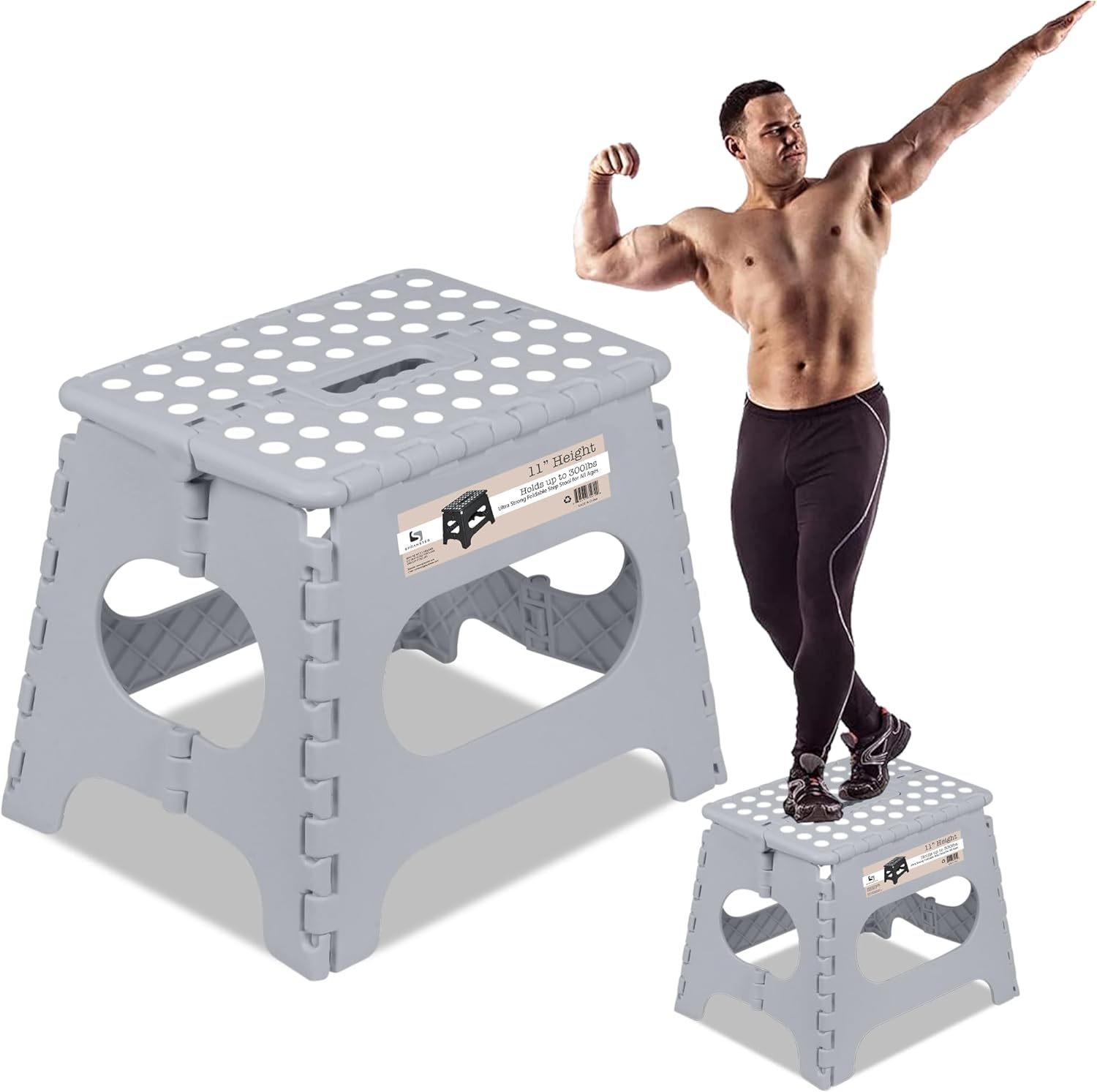 Super Strong Folding Step Stool - 11" - Sturdy Enough to Hold 300 Lb - Lightweight Foldable Step Stool for Adults and Kids - Opens with one Flip - Great for Kitchen, Bathroom and Bedroom Main image