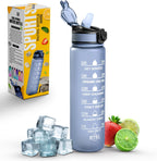 Sports Water Bottle with Straw and Time Marking, and 32OZ Capacity - Motivational and Eco-Friendly BPA-Free Bottle for Running, Gym, Yoga, Outdoors, and Camping (Style-1, Grey)