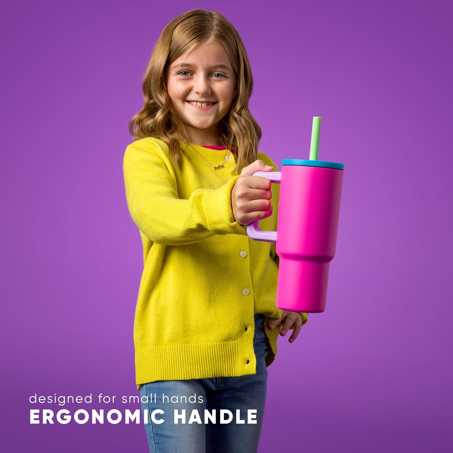 Kids 24 oz Tumbler with Handle and Silicone Straw Lid | Spill Proof and Leak Resistant | Reusable Stainless Steel Cup | Gift for Kids Boys Girls | Trek | 710ml | Almond Birch