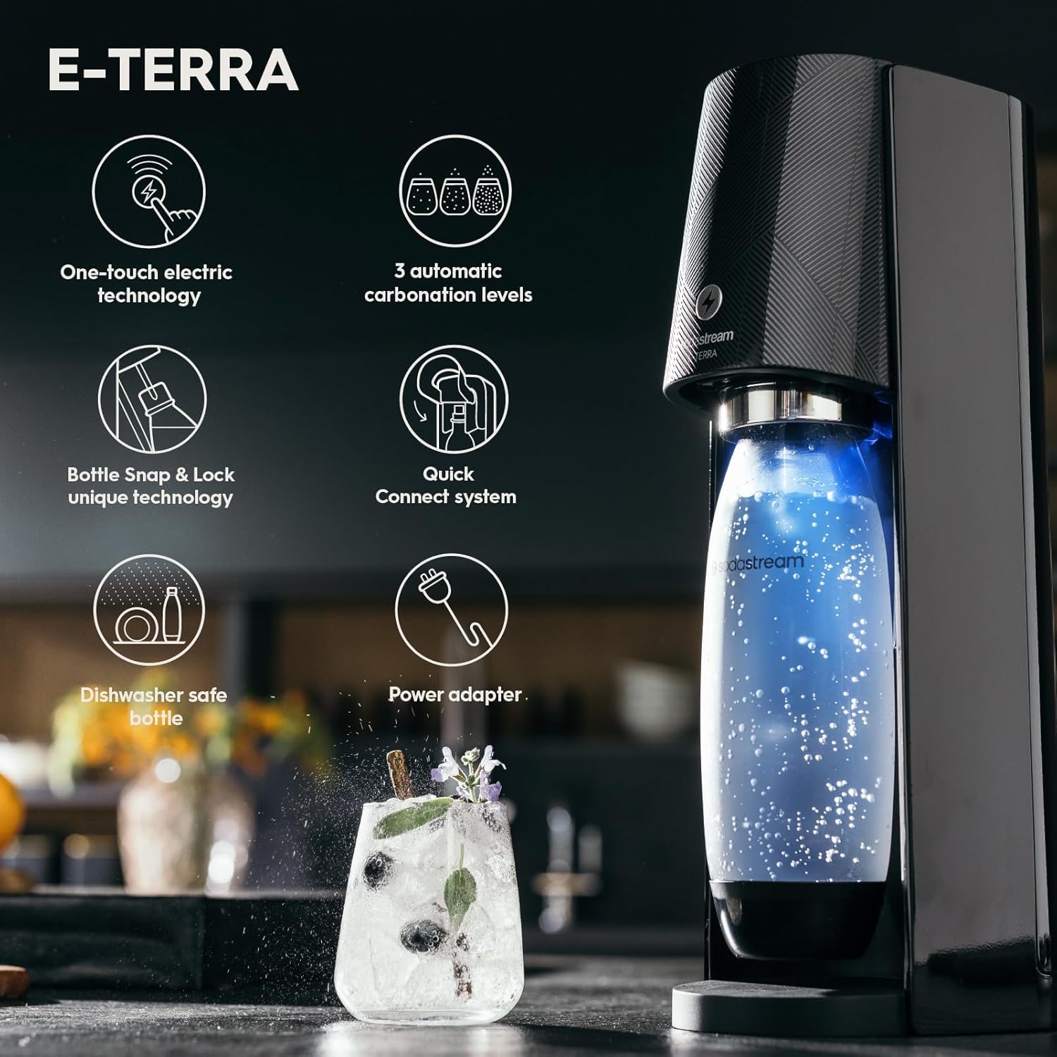 Electric Terra Sparkling Water Maker, 3 Carbonation Settings, Quick Connect CO2, Includes 60L Gas Cylinder, BPA-Free Bottle, Black