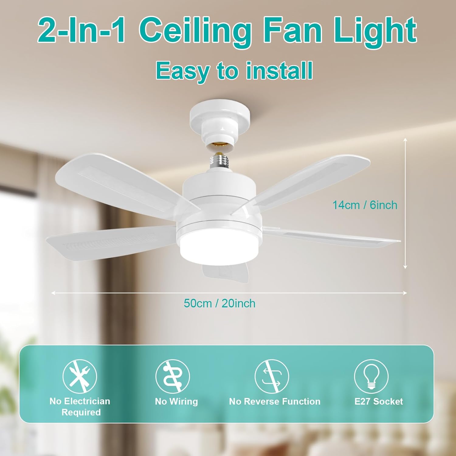 50CM LED Ceiling Fan with Remote, E27 Screw in Light, 6 Speeds, 3 Colours Stepless Dimming 2000 Lumens, Timer for Bedroom, Kitchen, Garage Secondary image