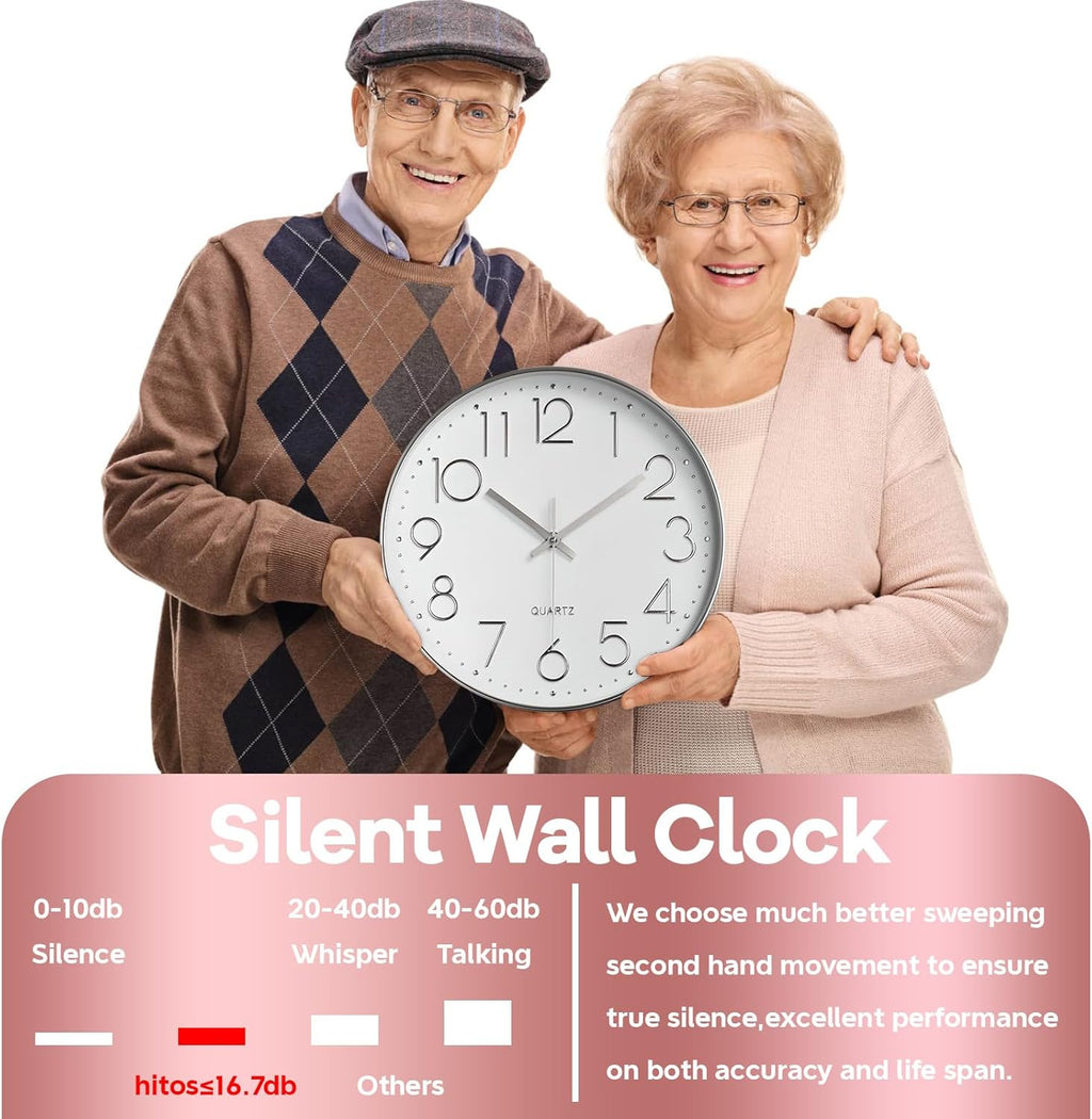 Delgeo Modern Silent Wall Clock 25-30cm, Minimalist Silver Clock for Living Room & Kitchen,Premium Wall Decor for Home Office