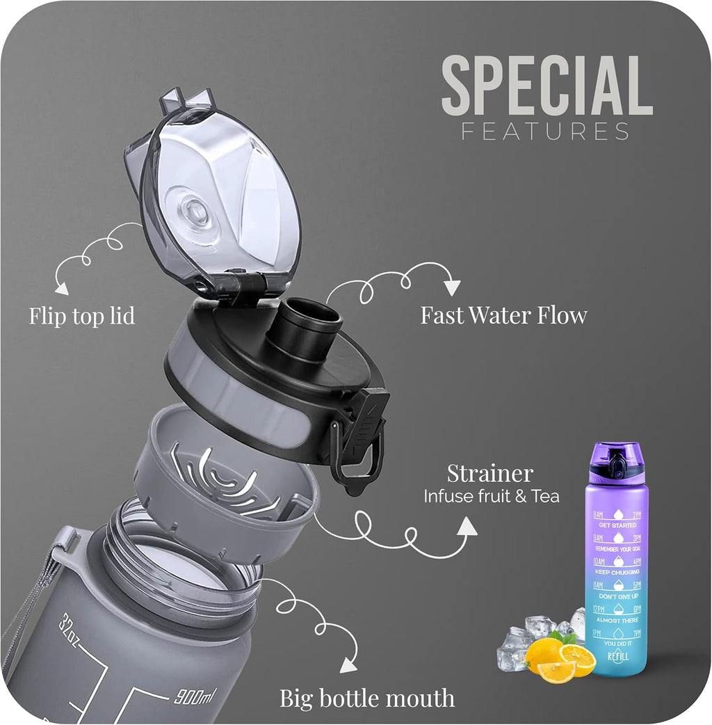 Water Bottle 1L, Sports Water Bottle with Time Markings, BPA-Free, Leak-Proof Drinks Bottle, Perfect for Running, Cycling, Gym, Yoga, Camping and Outdoor Activities, Blue-purple