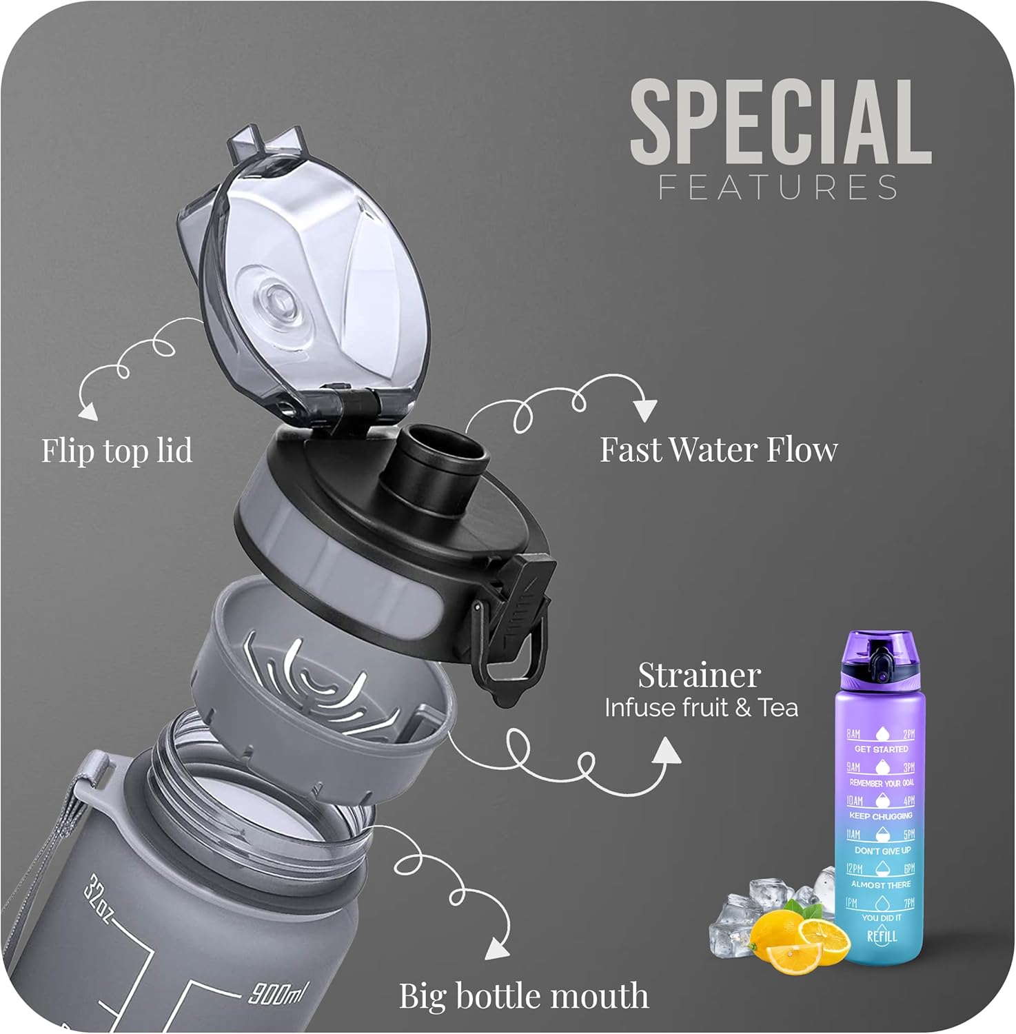 Water Bottle 1L, Sports Water Bottle with Time Markings, BPA-Free, Leak-Proof Drinks Bottle, Perfect for Running, Cycling, Gym, Yoga, Camping and Outdoor Activities, Blue-purple