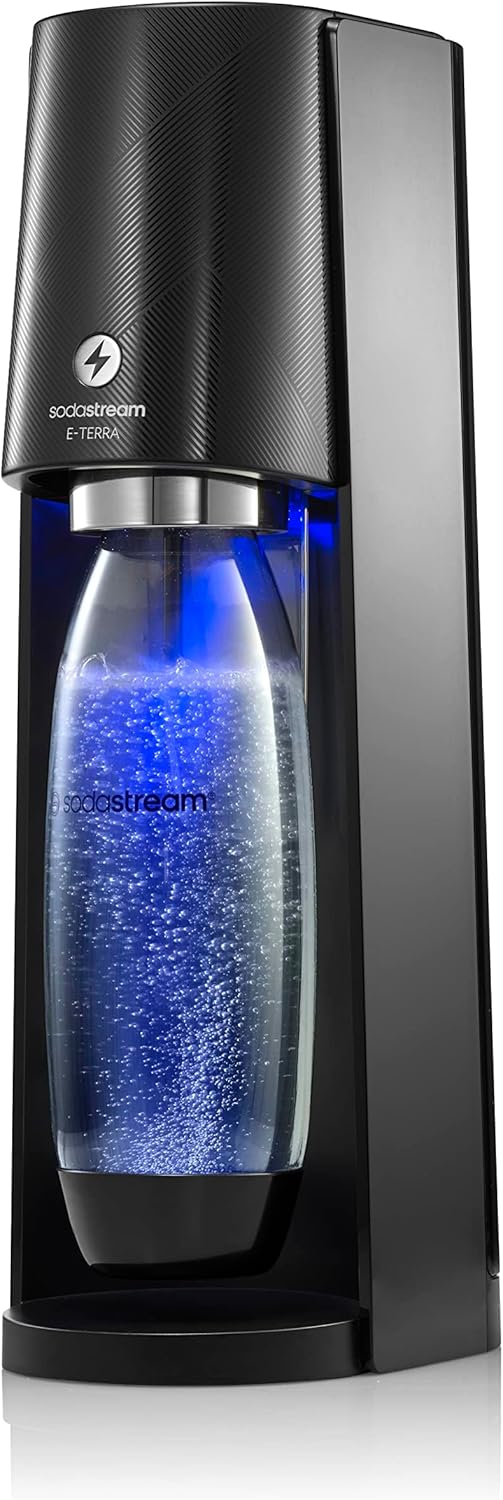 Electric Terra Sparkling Water Maker, 3 Carbonation Settings, Quick Connect CO2, Includes 60L Gas Cylinder, BPA-Free Bottle, Black