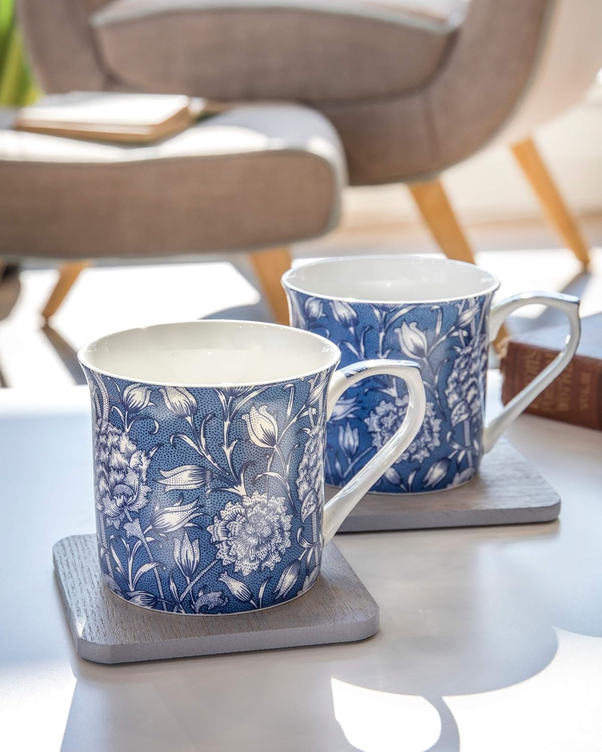 Coffee and Tea Mugs, Porcelain Bone China Mug, William Morris Wild Tulip Design, 300ml, Set of 2, Gift Boxed