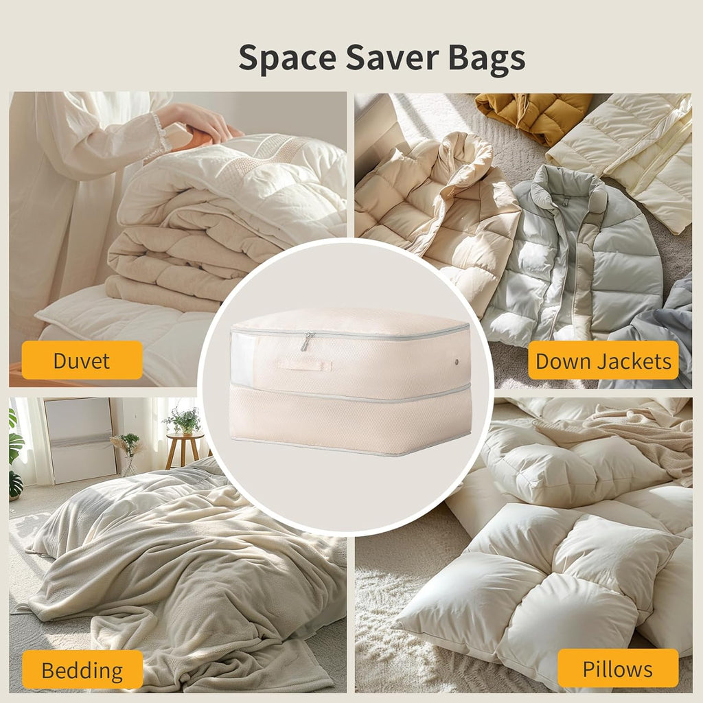 Space-Saving Compression Storage Bags - 2 Pack Foldable Duvet Storage Organisers Large Compression Packing Cubes with Clear Window for Moving, Dorm, Down Jackets, Clothes, Bedding (Beige)