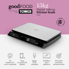 GF876009 Good Food in partnership with Tower Digital Intelli Kitchen Scale, Voice Control, LED Display, USB Rechargeable, 15kg Capacity, Black & Stainless Steel, 19.45