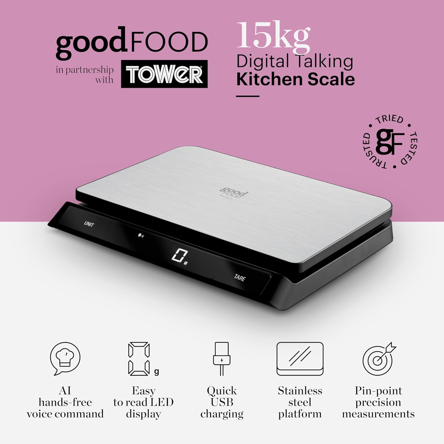 GF876009 Good Food in partnership with Tower Digital Intelli Kitchen Scale, Voice Control, LED Display, USB Rechargeable, 15kg Capacity, Black & Stainless Steel, 19.45