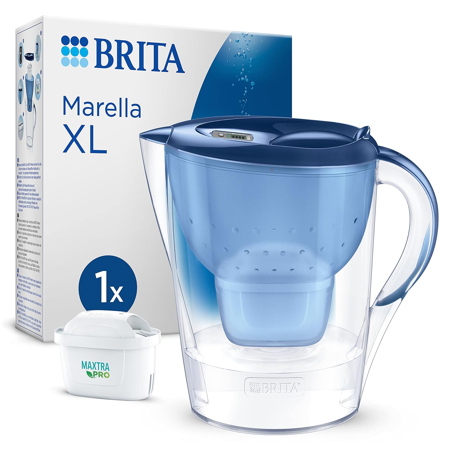 Marella XL Water Filter Jug Blue (3.5L) incl. 1x MAXTRA PRO Pure Performance cartridge - large-volume jug with digital LTI and Flip-Lid - now in sustainable Smart Box packaging Main image