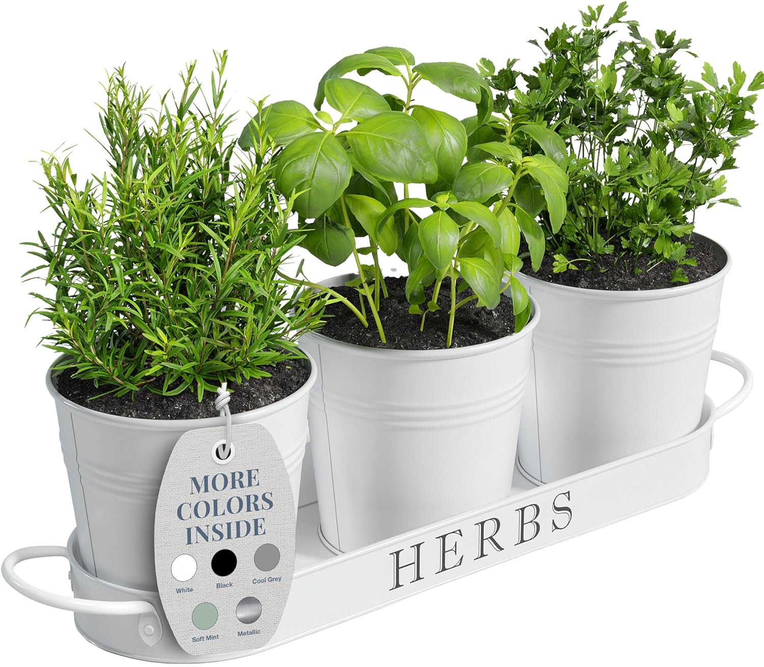 Barnyard Designs Herb Pot Planter Set with Tray for Indoor Garden or Outdoor Use, Decorative White Metal Succulent Potted Planters for Kitchen Windowsill Main image