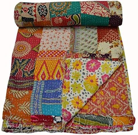 Estationeryhouse Indian Vintage patchwork Kantha Quilt Handmade Throw Reversible Blanket Bedspread Cotton Fabric BOHEMIAN quilt (85x55 inch) Main image