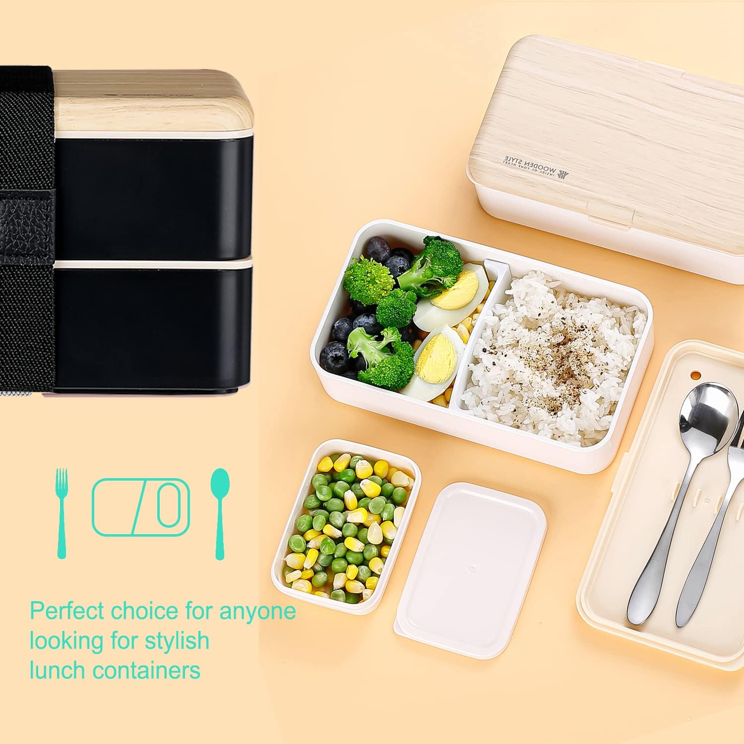 Original Bento Box Lunch Boxes Container Bundle Divider Lunch Container with Compartments with Stainless Steel Utensils Spoon and Fork Japanese Style