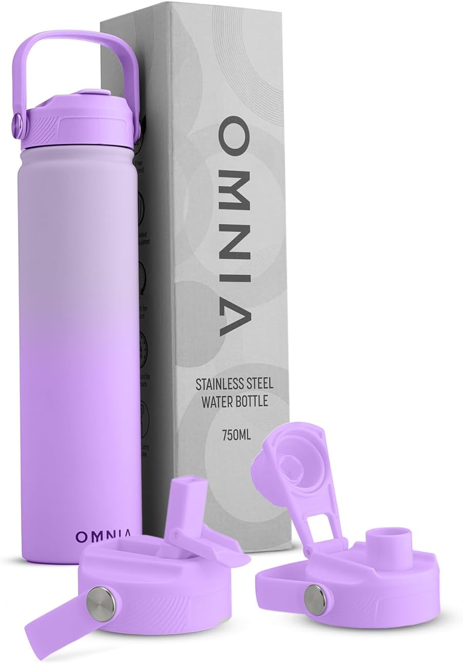 OMNIA Vacuum Insulated Stainless Steel Water Bottle, 2 Lids (Straw & Spout) Leakproof, BPA-Free, Reusable Flask, Hot & Cold Thermos for Sports, Gym, Travel, Outdoors (Gradient Purple, 750ML)