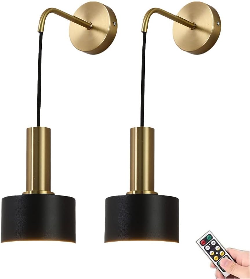 Battery Operated Wall Sconces Set Of 2, Modern No Wire Wall Lamp with Remote and led Light Bulb, Dimmable Adjustable Copper Lighting Fixture for Indoor Bedroom Bedside Decor/Living Room/Hallway