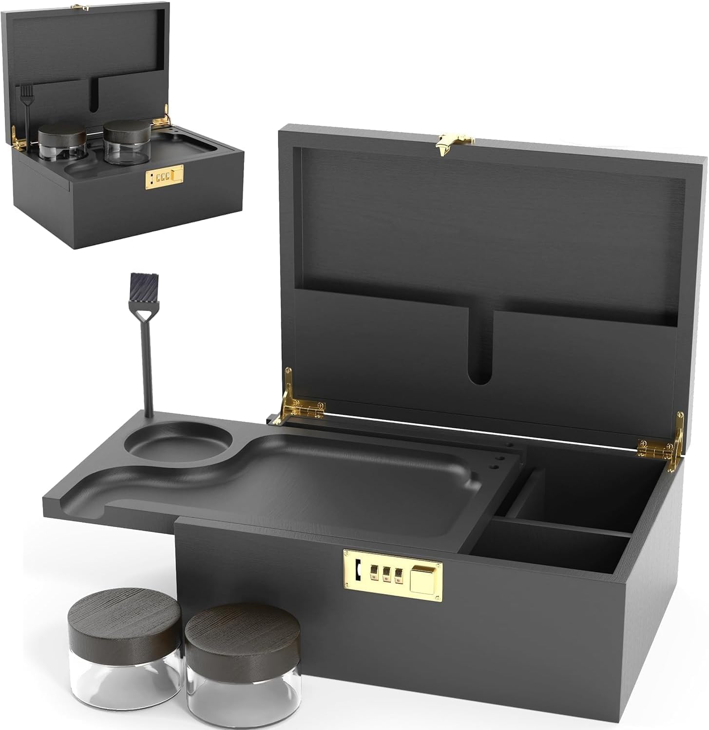 Large Bamboo Wooden Stash Box with combination Lock, Rolling Tray and Glass Storage Jars - Wood Storage Rolling Set with Lock and Smoking Accessories Kit (Black Wooden Stash Box) Main image