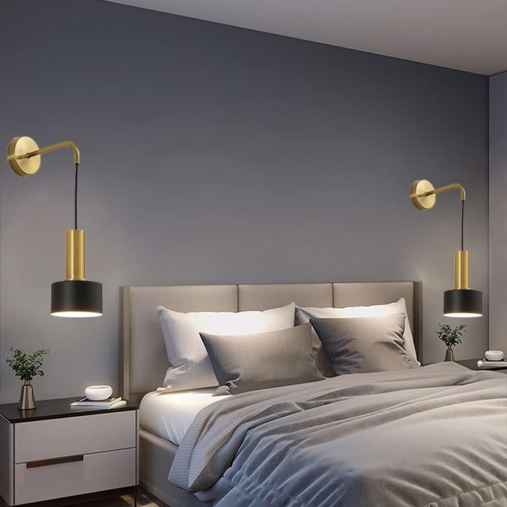 Battery Operated Wall Sconces Set Of 2, Modern No Wire Wall Lamp with Remote and led Light Bulb, Dimmable Adjustable Copper Lighting Fixture for Indoor Bedroom Bedside Decor/Living Room/Hallway