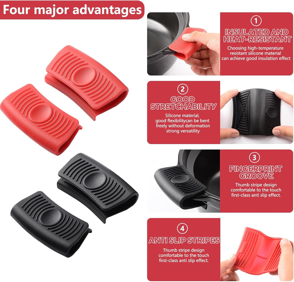 Pot Holder Set – 4 Silicone Pan Handle Covers & 2 Pieces Hot Handle Holders – Heat Resistant & Non-Slip Handle Grips for Frying Pans, Skillets & Griddle Pans