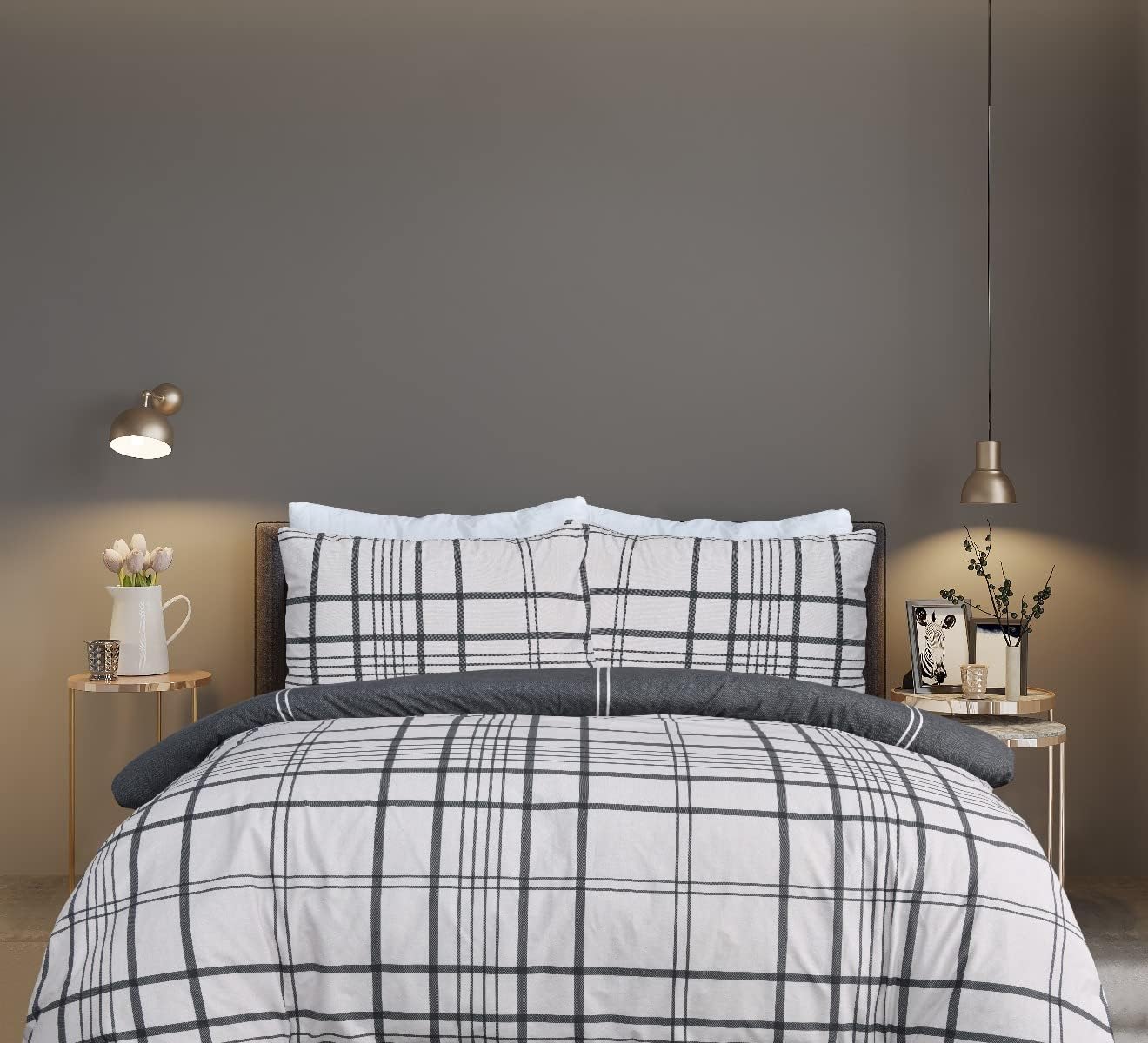 Sleepdown 100% Pure Cotton Check Natural Black Reversible Duvet Cover Quilt Pillow Cases Bedding Set Soft Easy Care - Double (200cm x 200cm) Main image
