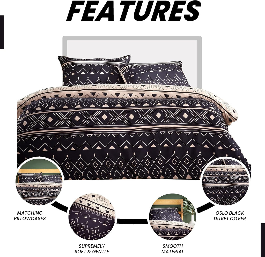 Super Soft Flannel Duvet Cover Set Quilt Bedding Covers with Pillowcases Luxurious Colourful Checked Printed Design Reversible Pattern for Comfort Sleep, Oslo Black Double
