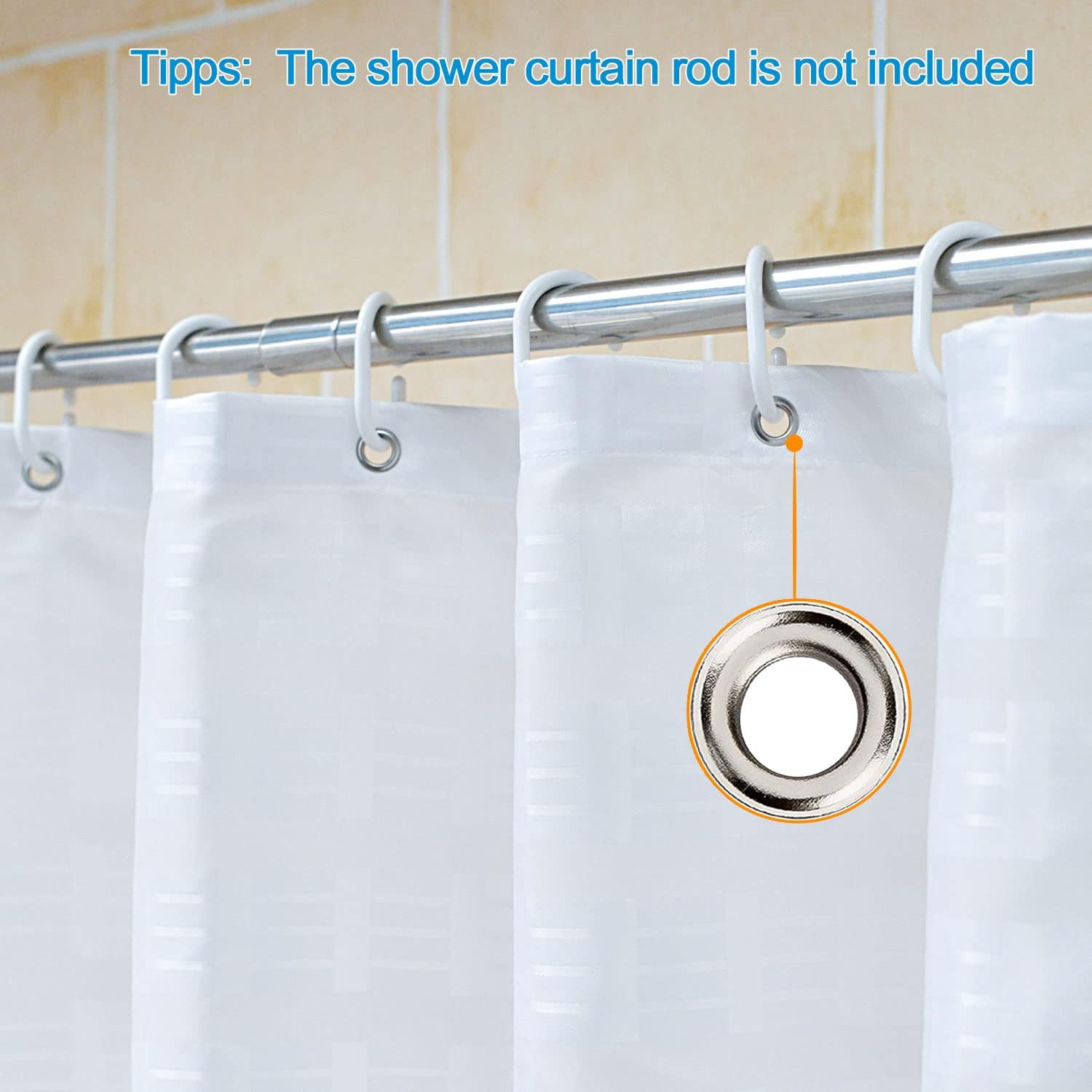 White Jacquard Shower Curtain for Bathroom Tub, Waterproof Fabric with Plastic Hooks, 71" W x 59" L /180x150cm