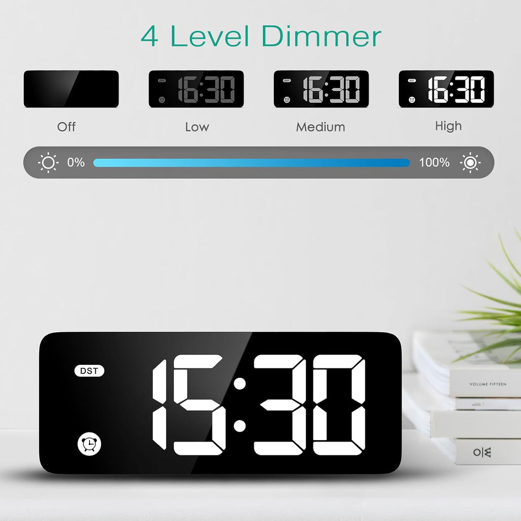 Digital Alarm Clock, 5.8 Inches LED Bedside Clock for Kids Bedrooms with 4 Dimmable Brightness, 3 Adjustable Volume, Snooze (1.5m USB Cable Included)
