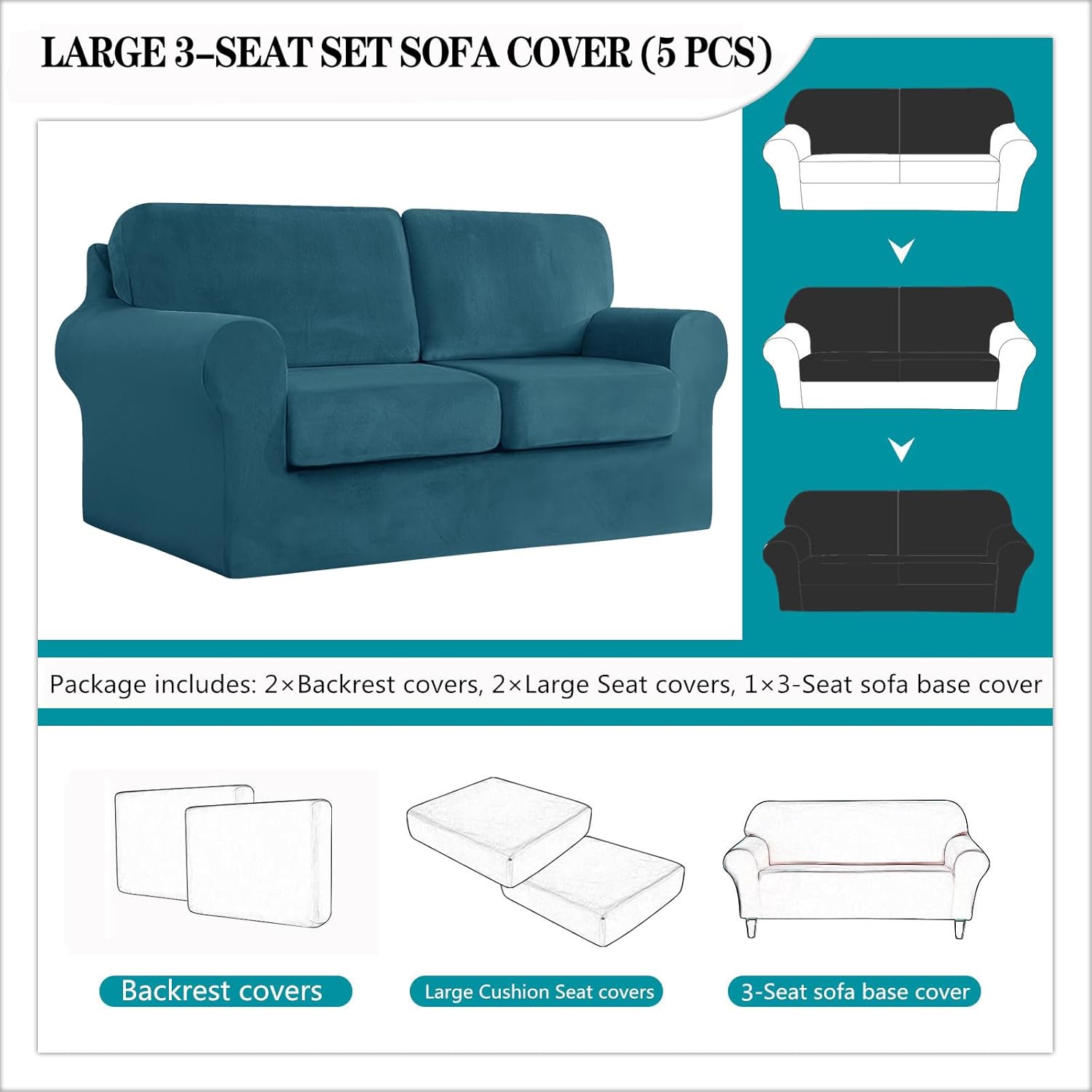Sofa Cover with Separate Seat Cushions and Backrests Stretch Velvet Sofa Slipcover Couch Covers Furniture Protector Split Combined (Dark teal,Large 3-Seat Set 5 PCS)