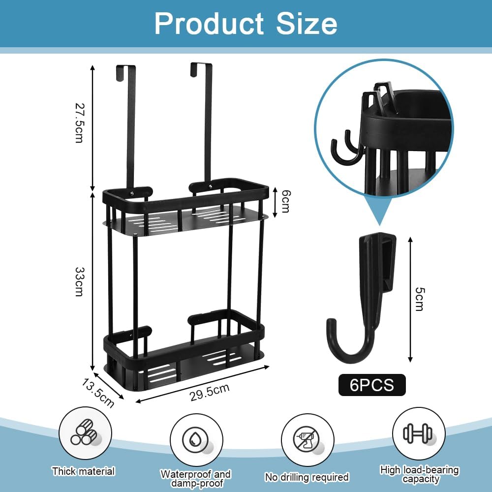 Shower Caddy Hanging, 2 Tier Over Door Shower Shelf No Drilling Showers Organiser Hanging Storage Rack Holder Showers Basket Organizer with 6 Hooks for Bathroom Shampoo Gel, Black