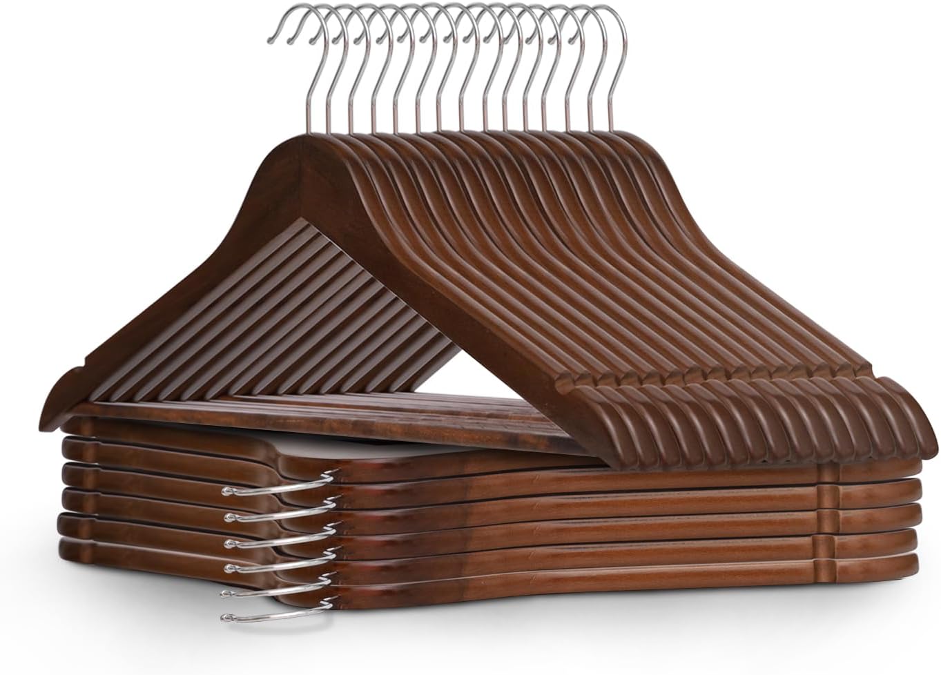 Strong Wooden Coat Hangers with 360 Degree Rotatory Hook & Round Trouser Bar & Shoulder Notches - Durable Wardrobe Space Saver - Suitable for Coat, Jacket, Suit, Jumper (Walnut, 20 Pack)