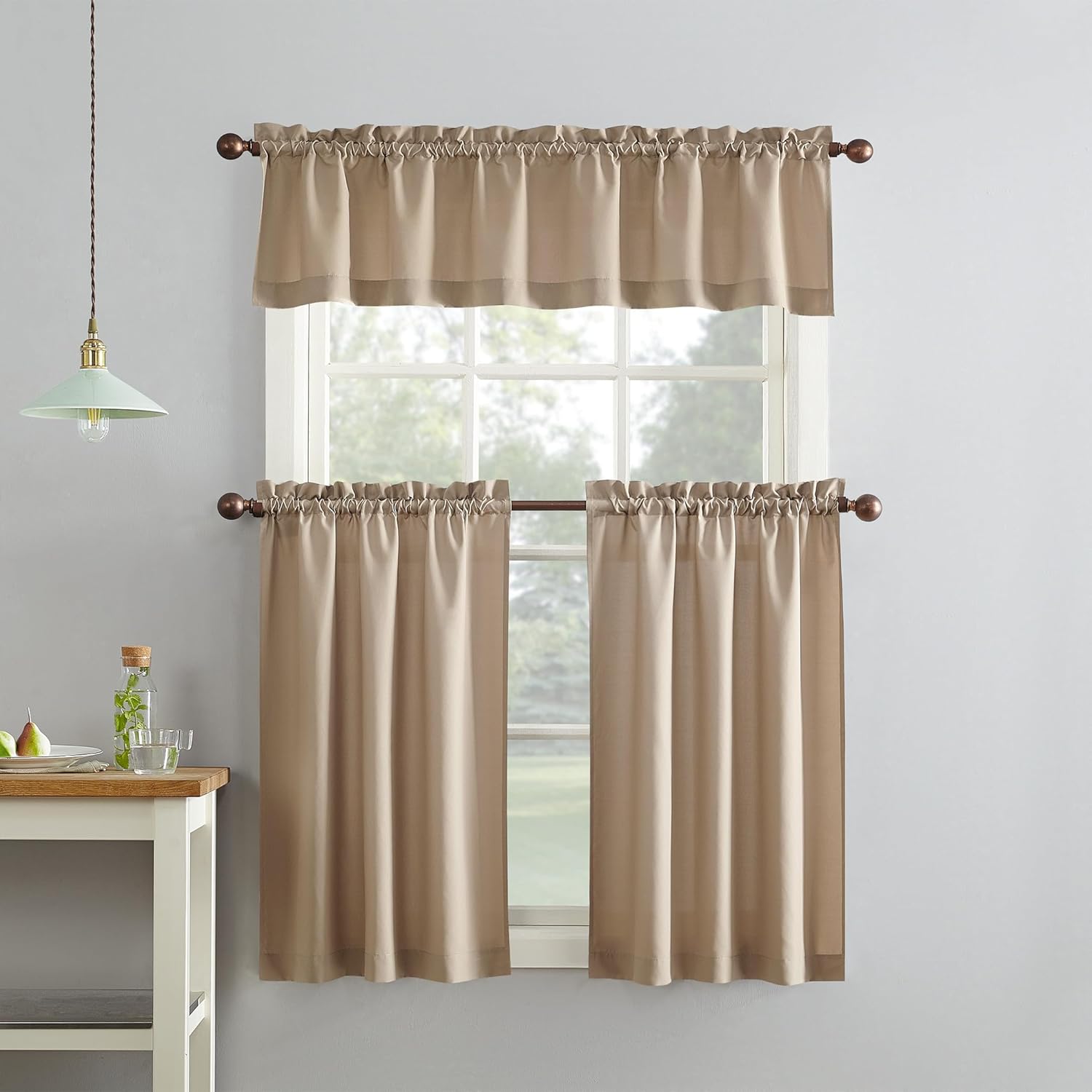 No. 918 Martine Microfiber Semi-Sheer Rod Pocket Kitchen Curtain Valance and Tiers Set, 54" x 36", Taupe Main image