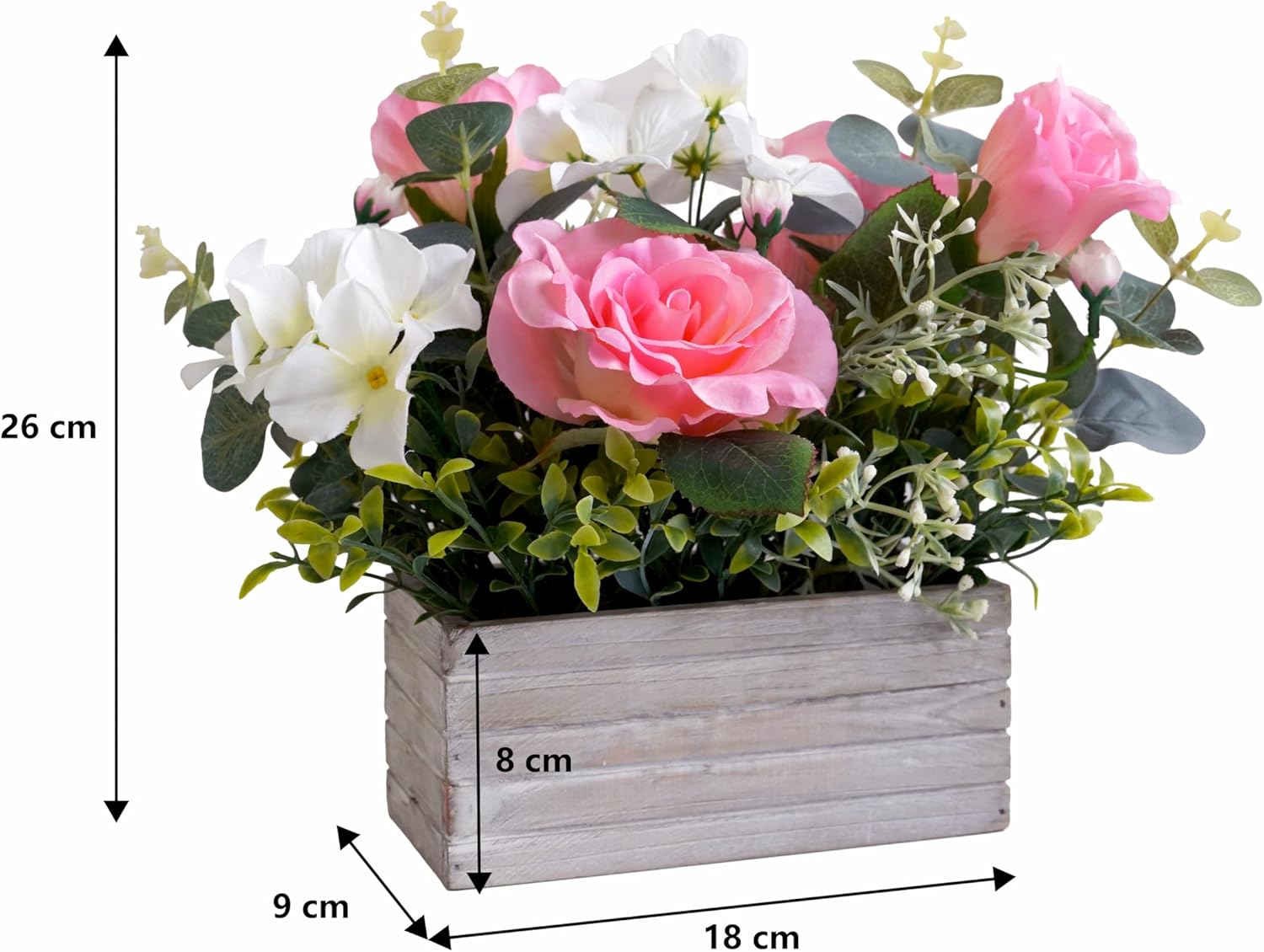 Artificial Flowers Pink Roses & Hydrangeas Floral Arrangements in Eco-friendly Wooden Pots Realistic Fake Floral Centerpiece for Home Wedding Indoor Outdoor Decoration Secondary image