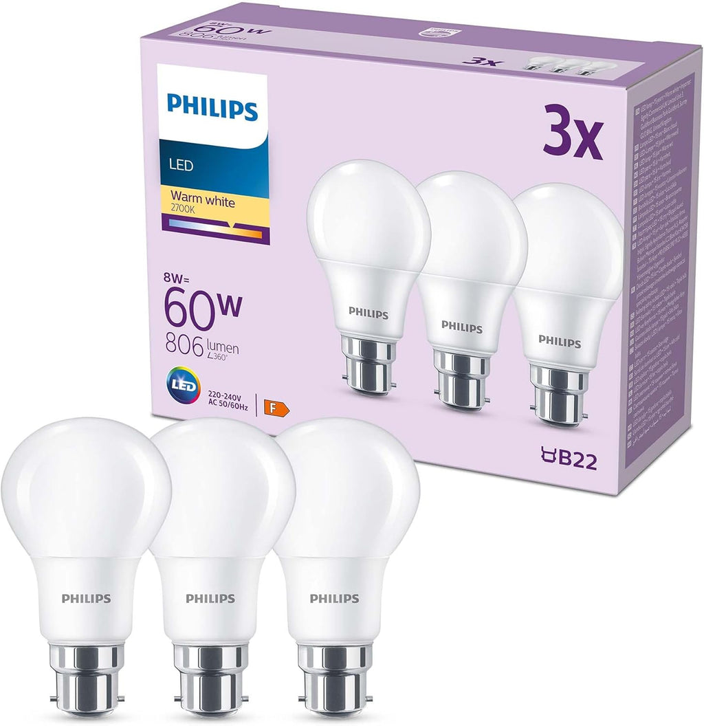 LED Frosted A60 Light Bulb 3 Pack (Warm White 2700K - B22 Bayonet Cap) 60W, Non Dimmable for Home Indoor Lighting, Value Range