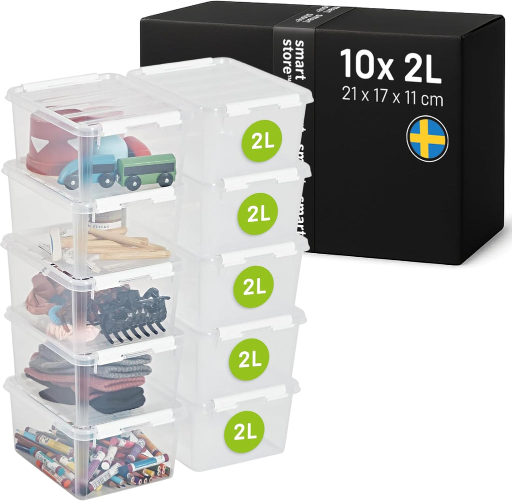 Store - 10x Plastic Storage Box with Lid Classic 2L (21x17x11cm) |Storage Drawers|Food-Safe Material|Kitchen & Organisation|BPA-Free|Durable Container for Home & Office|10-Year Warranty